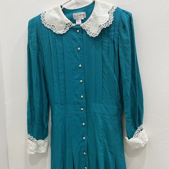 Vtg 80s L.G.STAR Cottagecore Pearl Button Yolk Collar Prairie Dress 16 - Picture 2 of 15